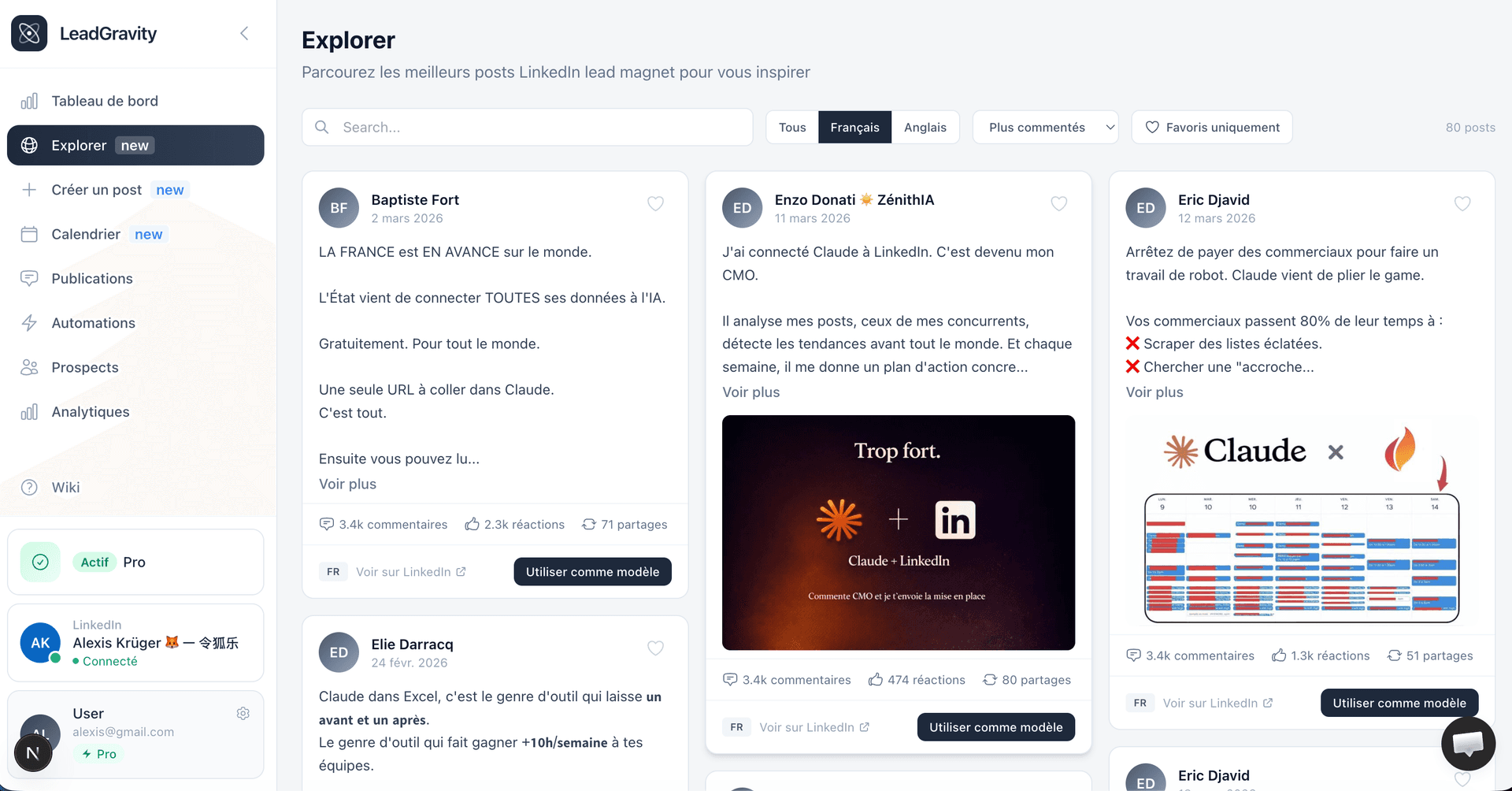 Page Explore de LeadGravity : bibliothèque de lead magnets filtrables, avec données de conversion