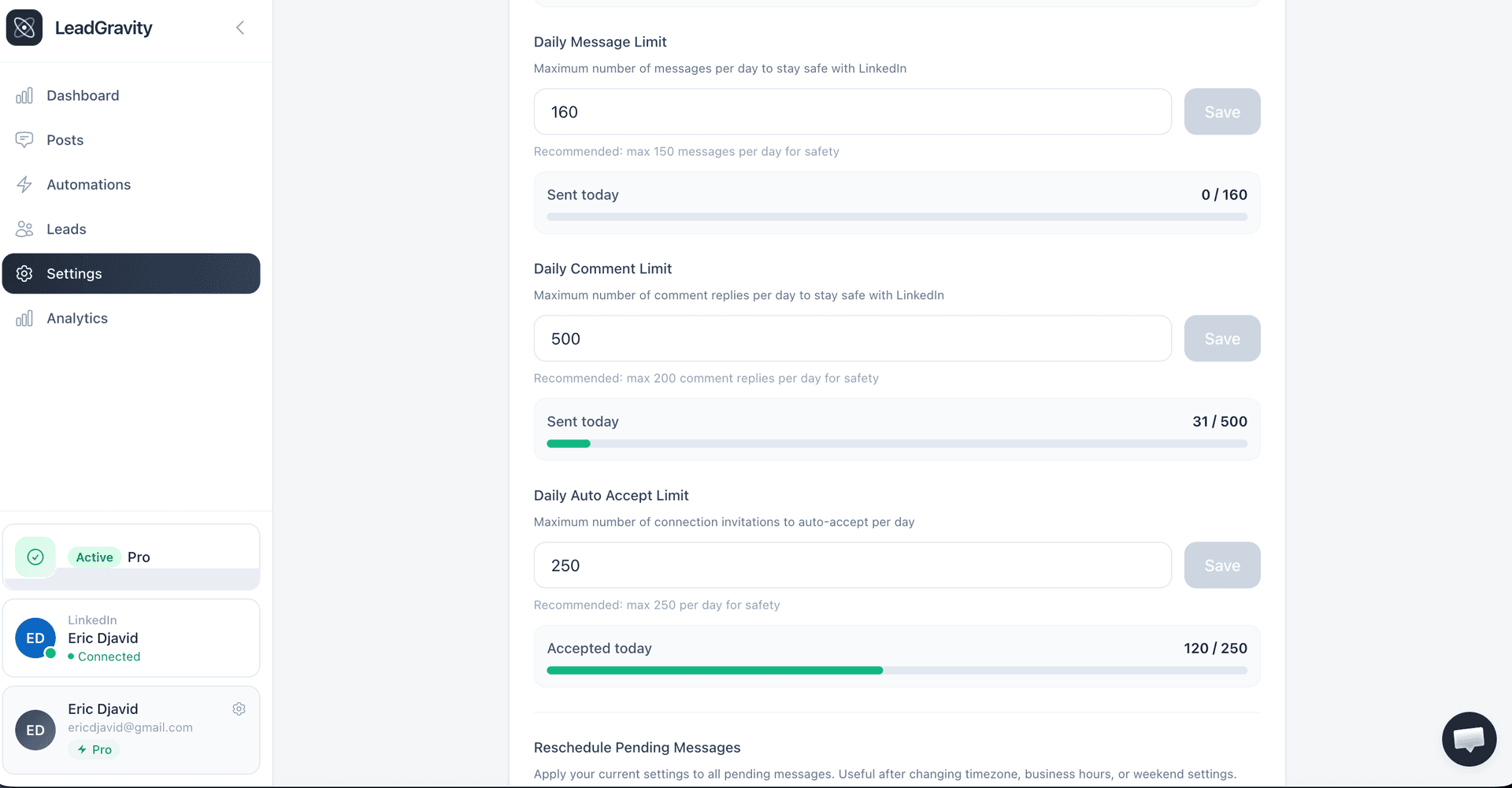 Réglages de sécurité LinkedIn dans LeadGravity : quota journalier de DM, quota de réponses, skip nuit, skip week-end, plage horaire bureau
