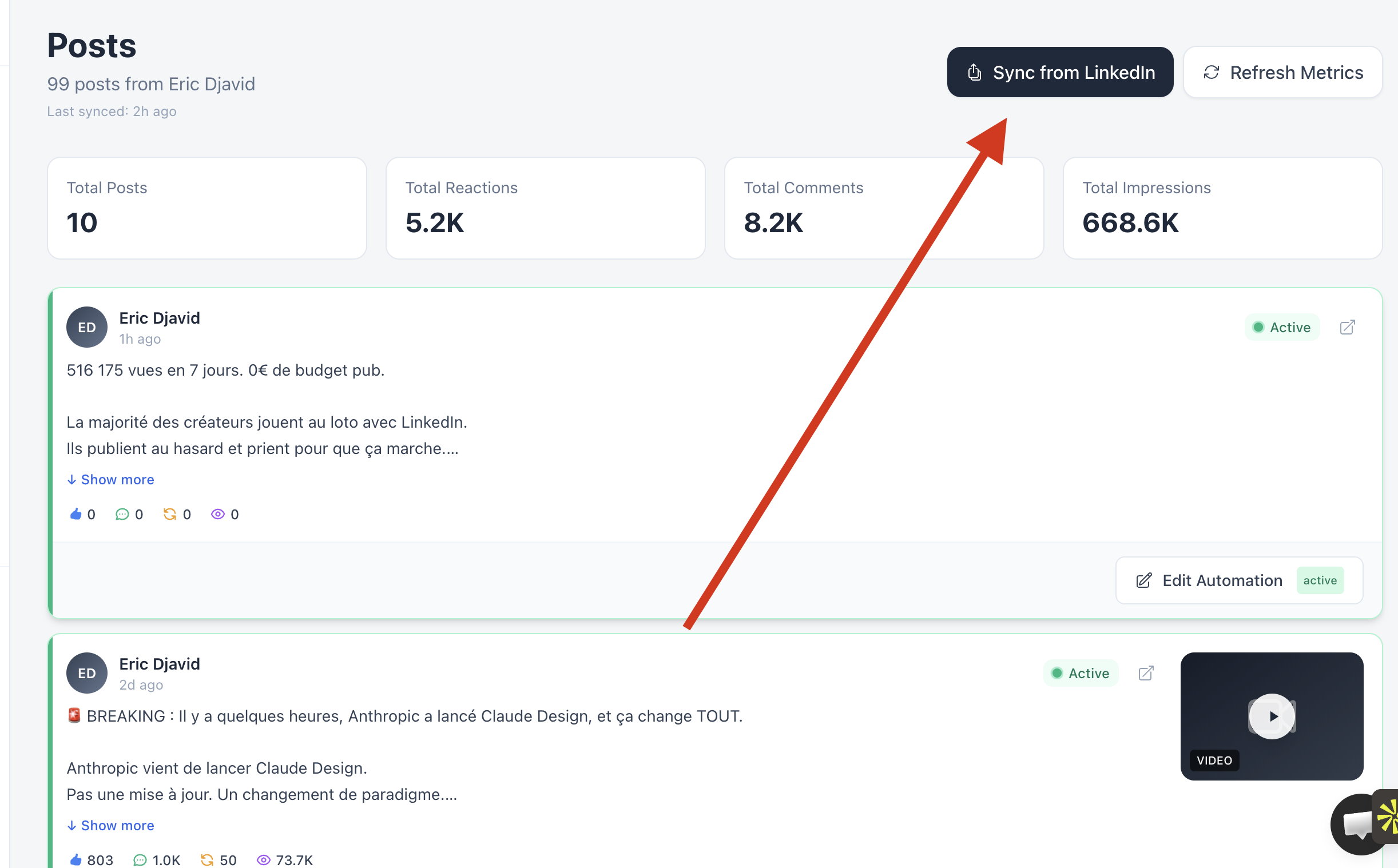 Bouton Sync from LinkedIn sur la page Posts pour relancer la synchronisation