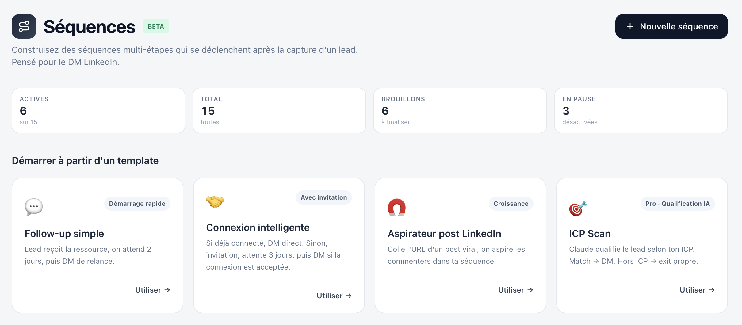 Sequences page with 4 templates including 🧲 LinkedIn post aspirator