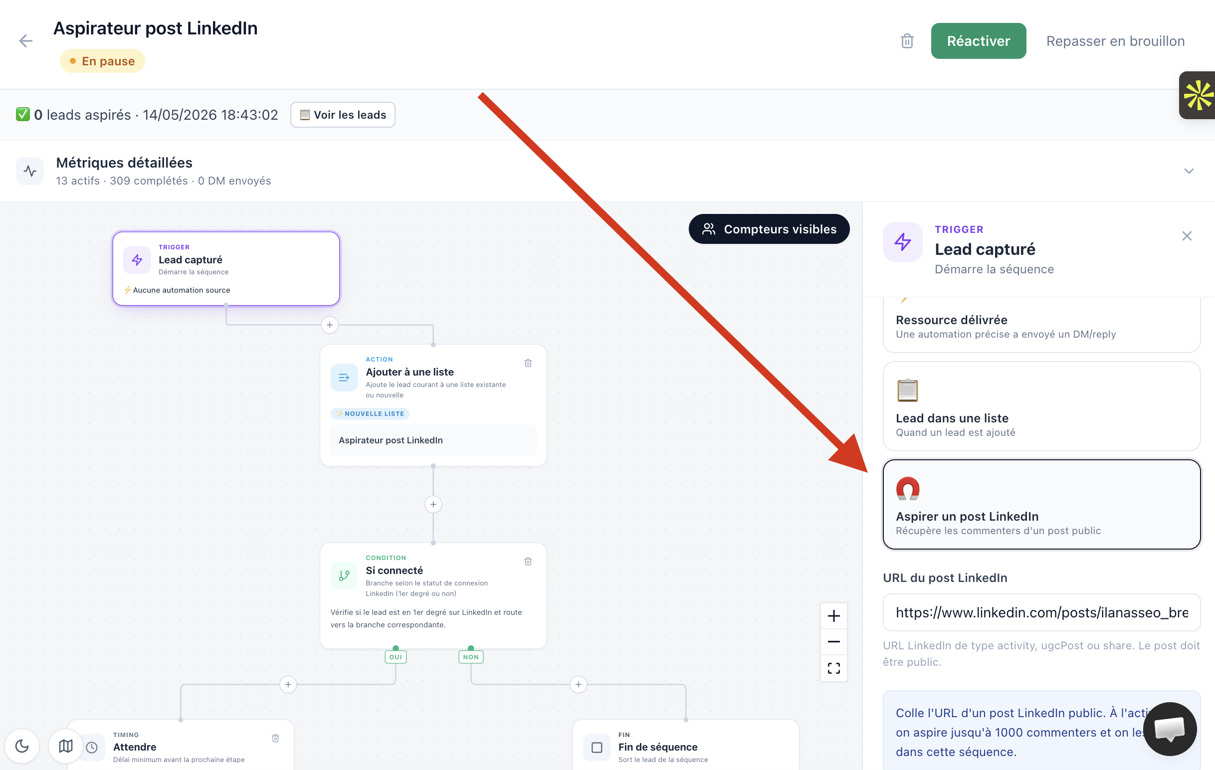 Sequence builder: trigger node selected with URL input visible