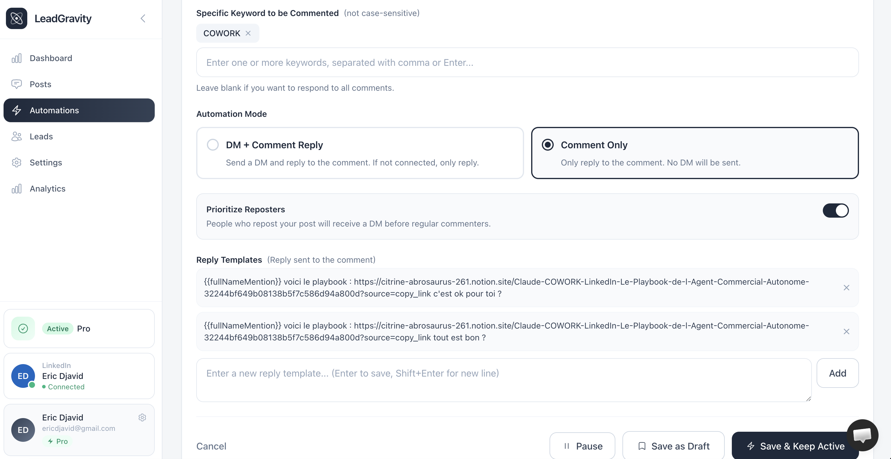 Formulaire d'automation — mots-clés, mode, templates de réponse