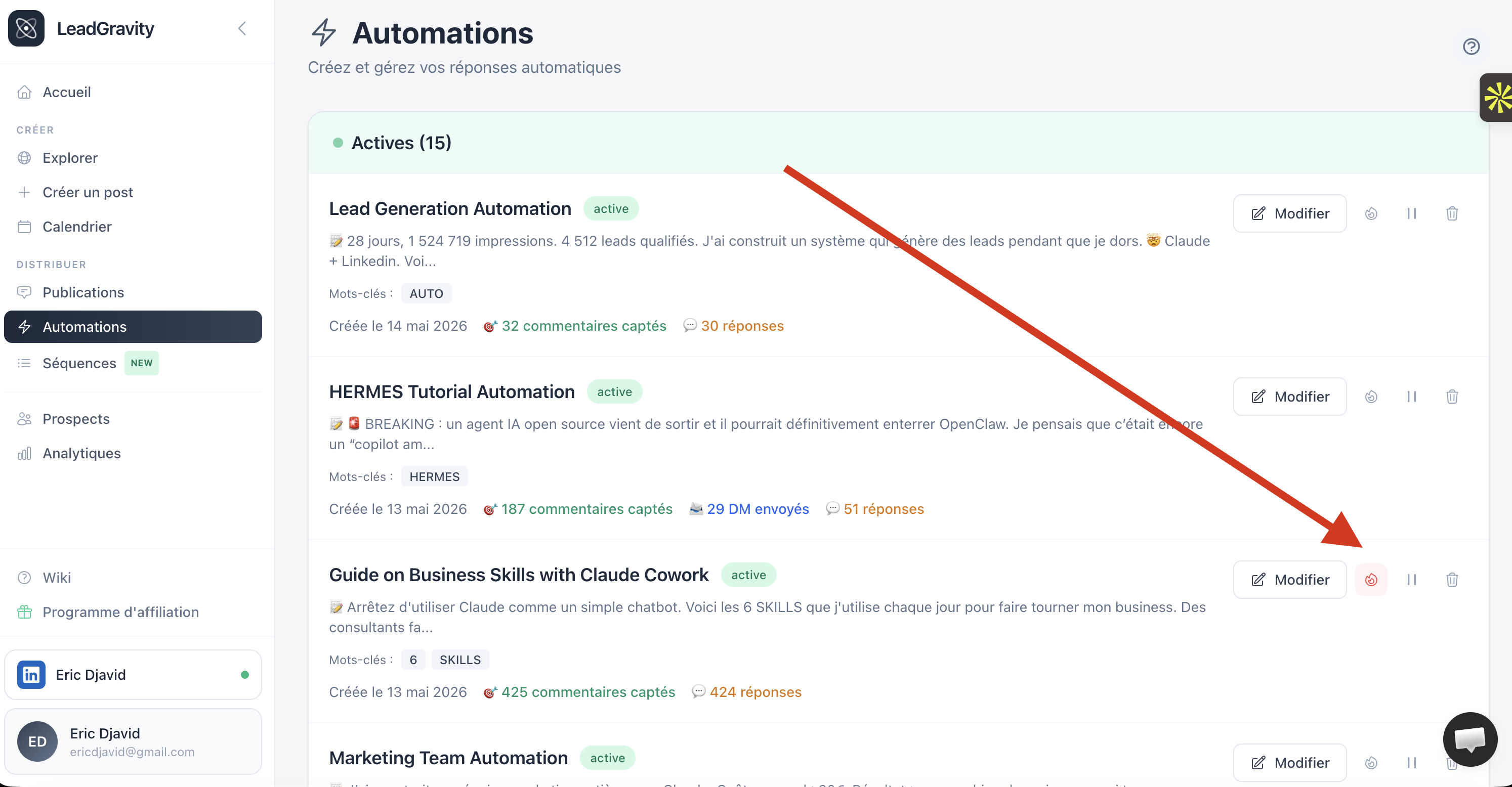 Automations page with one row in priority mode (red flame active)