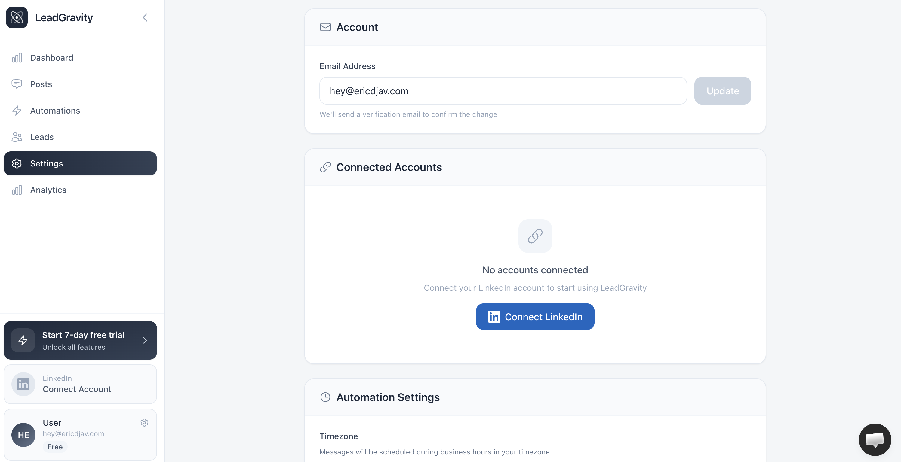 Page Paramètres — section Connected Accounts avec le bouton Connecter LinkedIn