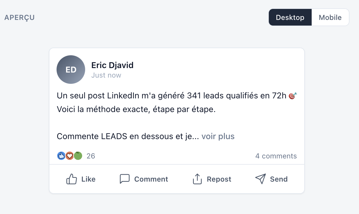 Split editor with LinkedIn preview