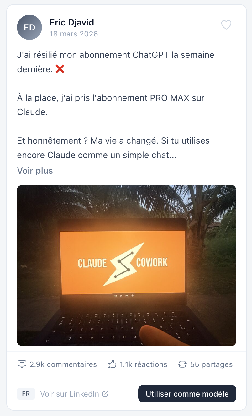 Card d'un post avec le bouton Utiliser comme modèle