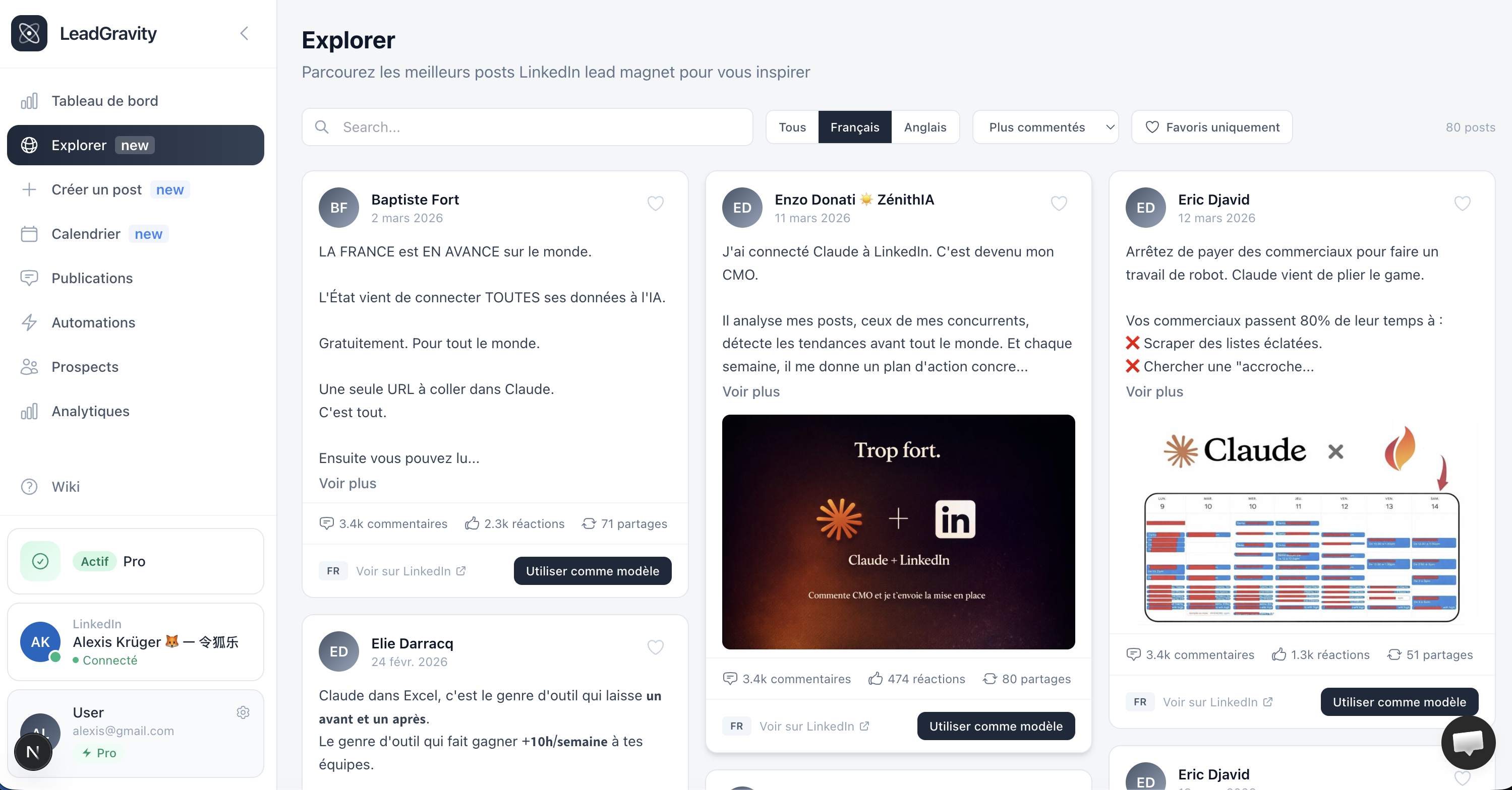 Page Explorer avec les filtres et les cards