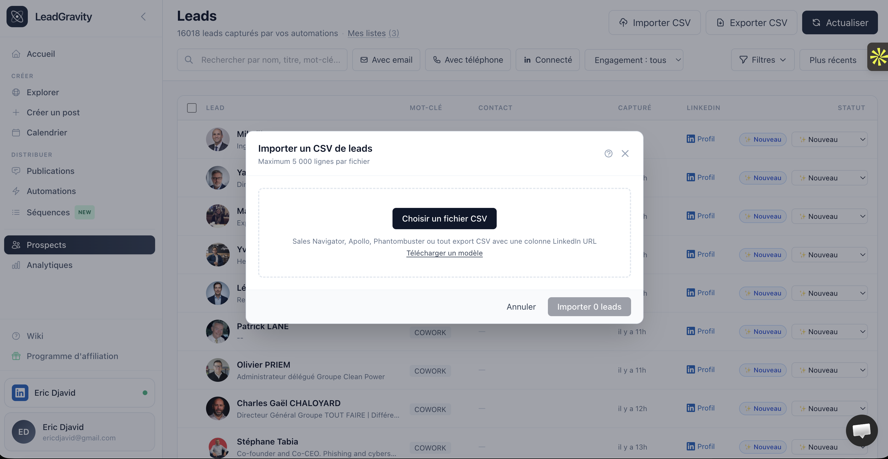 Import CSV modal: drop zone, column mapping, preview of the first 5 rows, target list selector