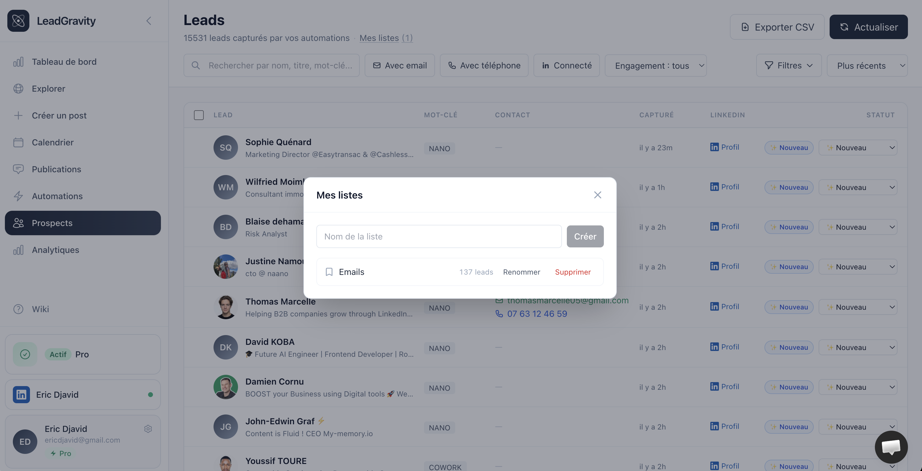 Modale Mes listes — créer, renommer, supprimer une liste, et cliquer pour filtrer la page