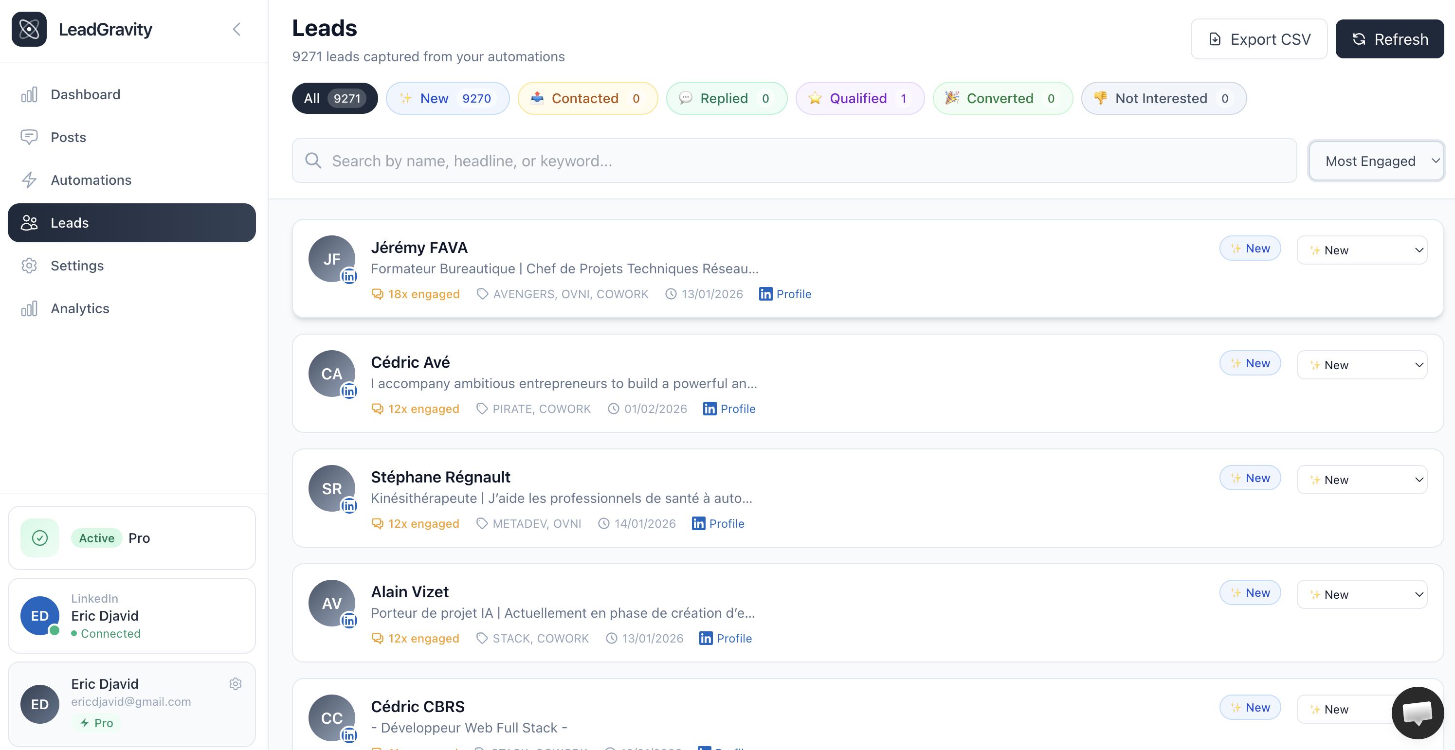 Page Leads — liste des prospects avec filtres, badges d'engagement et statuts