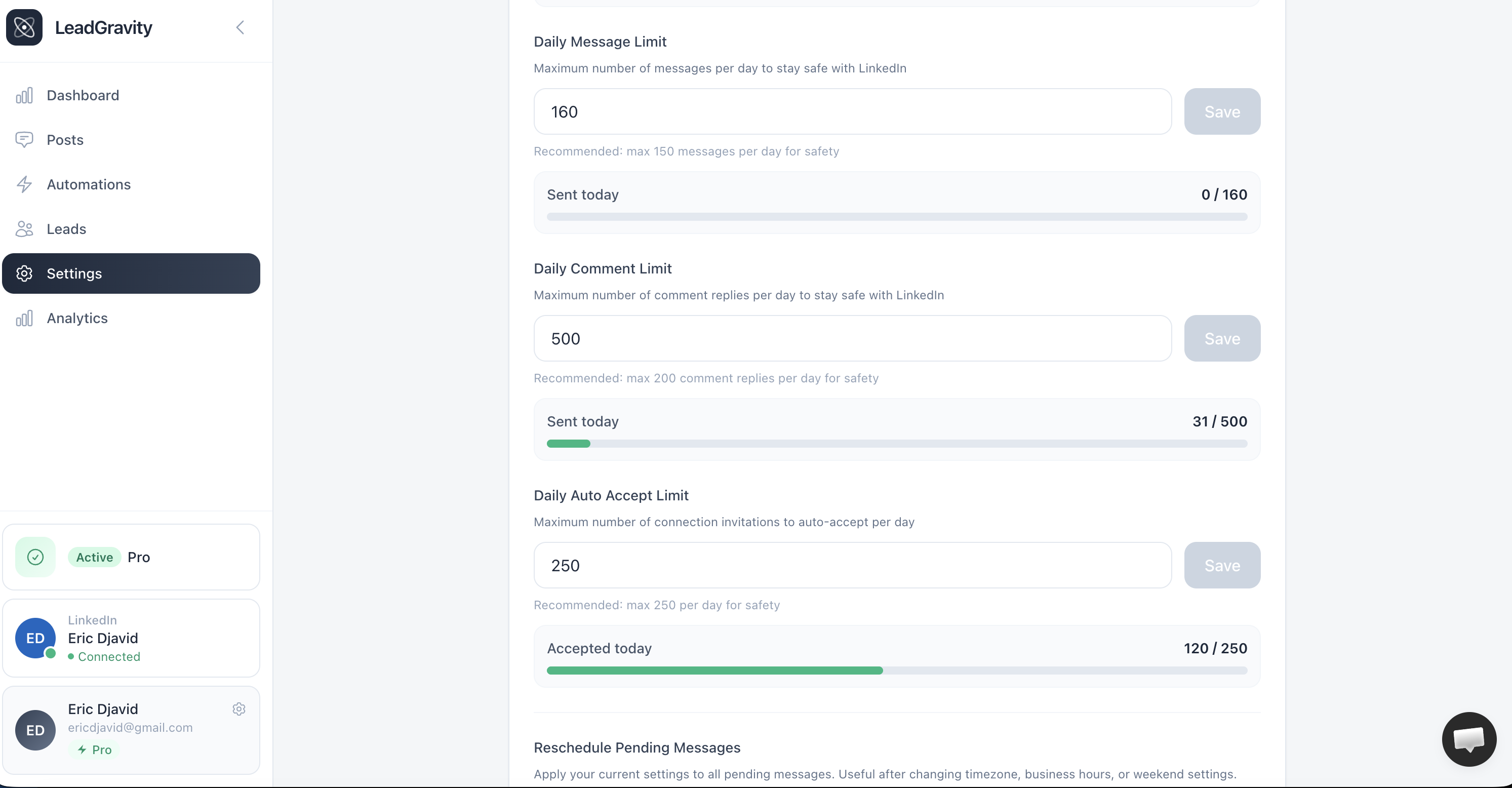 Paramètres — quotas de messages, commentaires et auto-acceptation