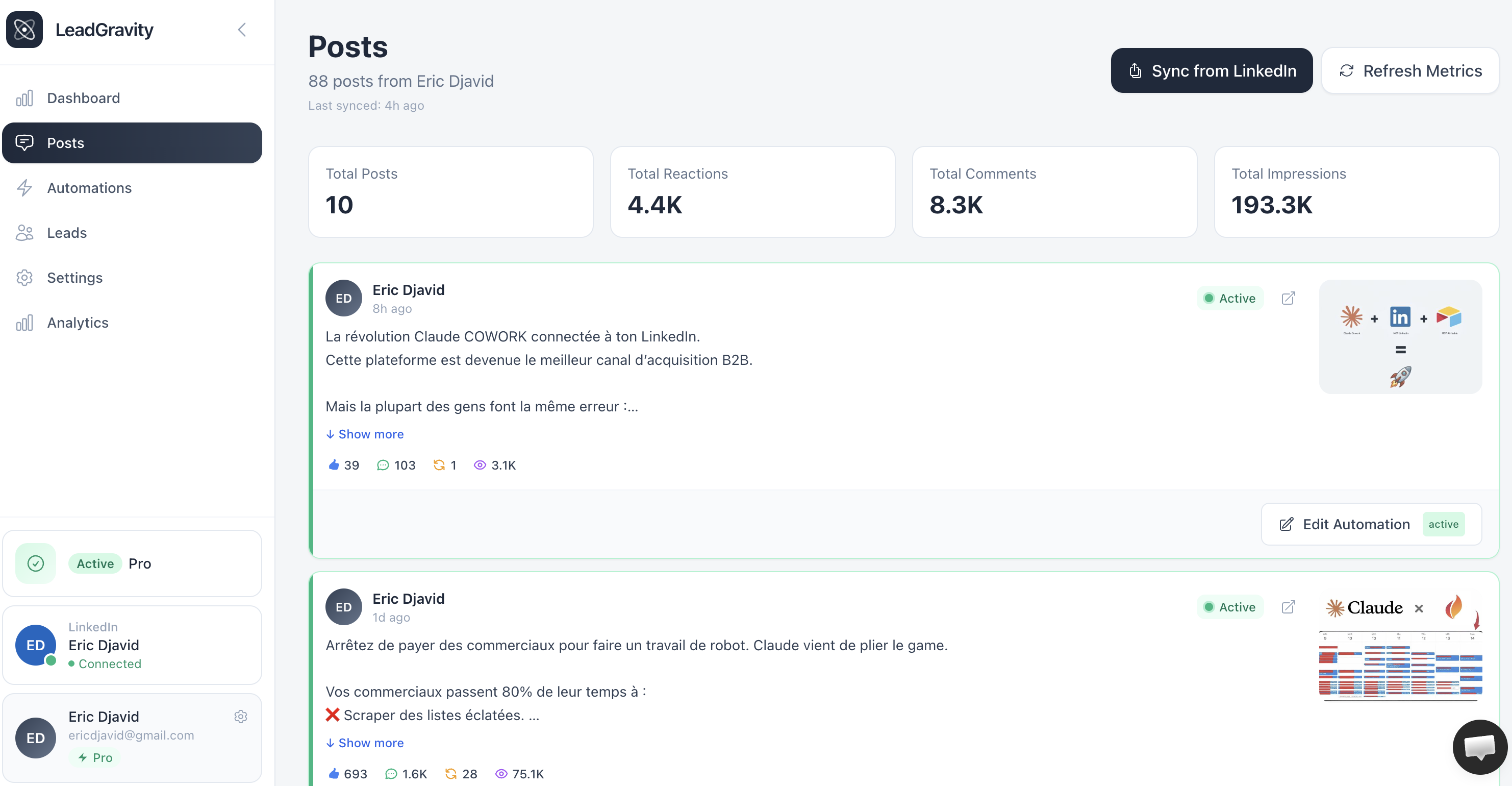 Page Posts — vos posts LinkedIn synchronisés avec les métriques d'engagement