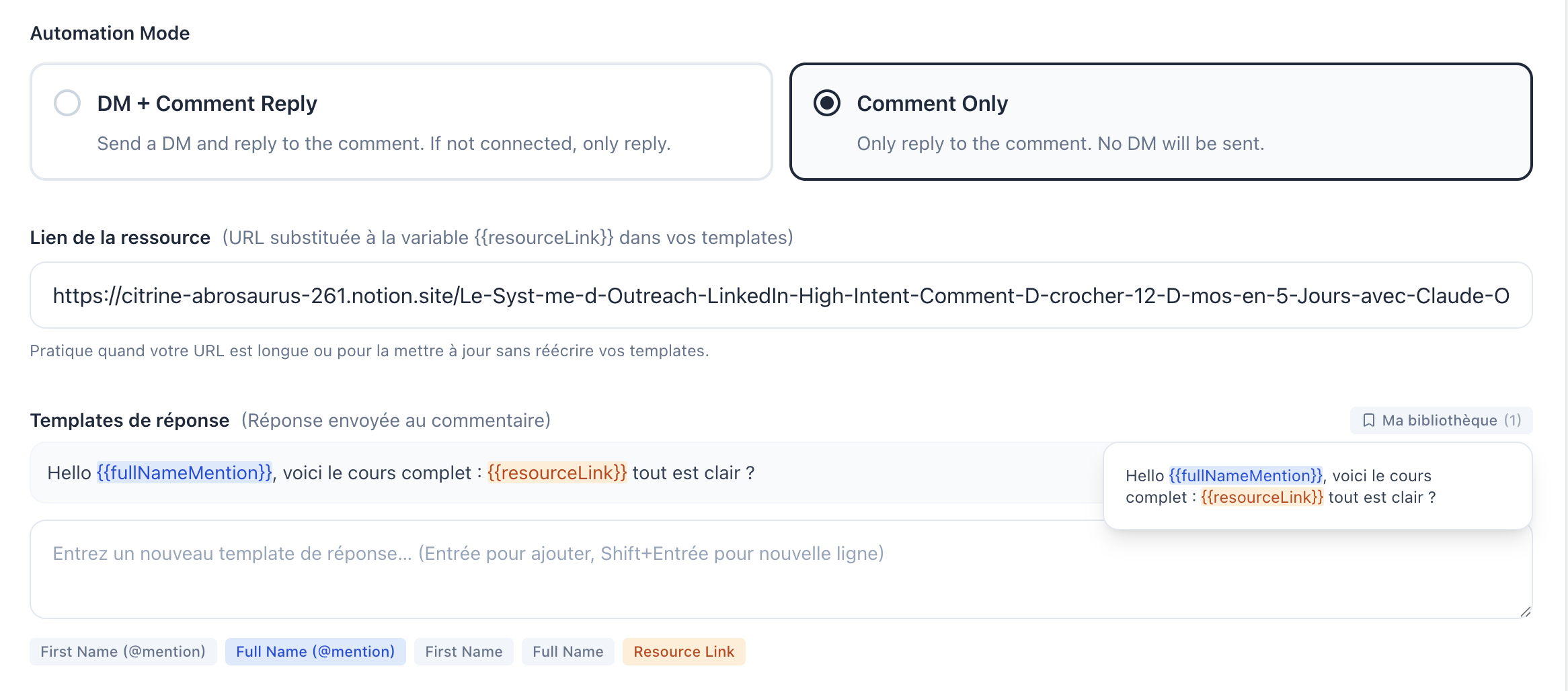 Lien de la ressource + templates avec variables coloriées