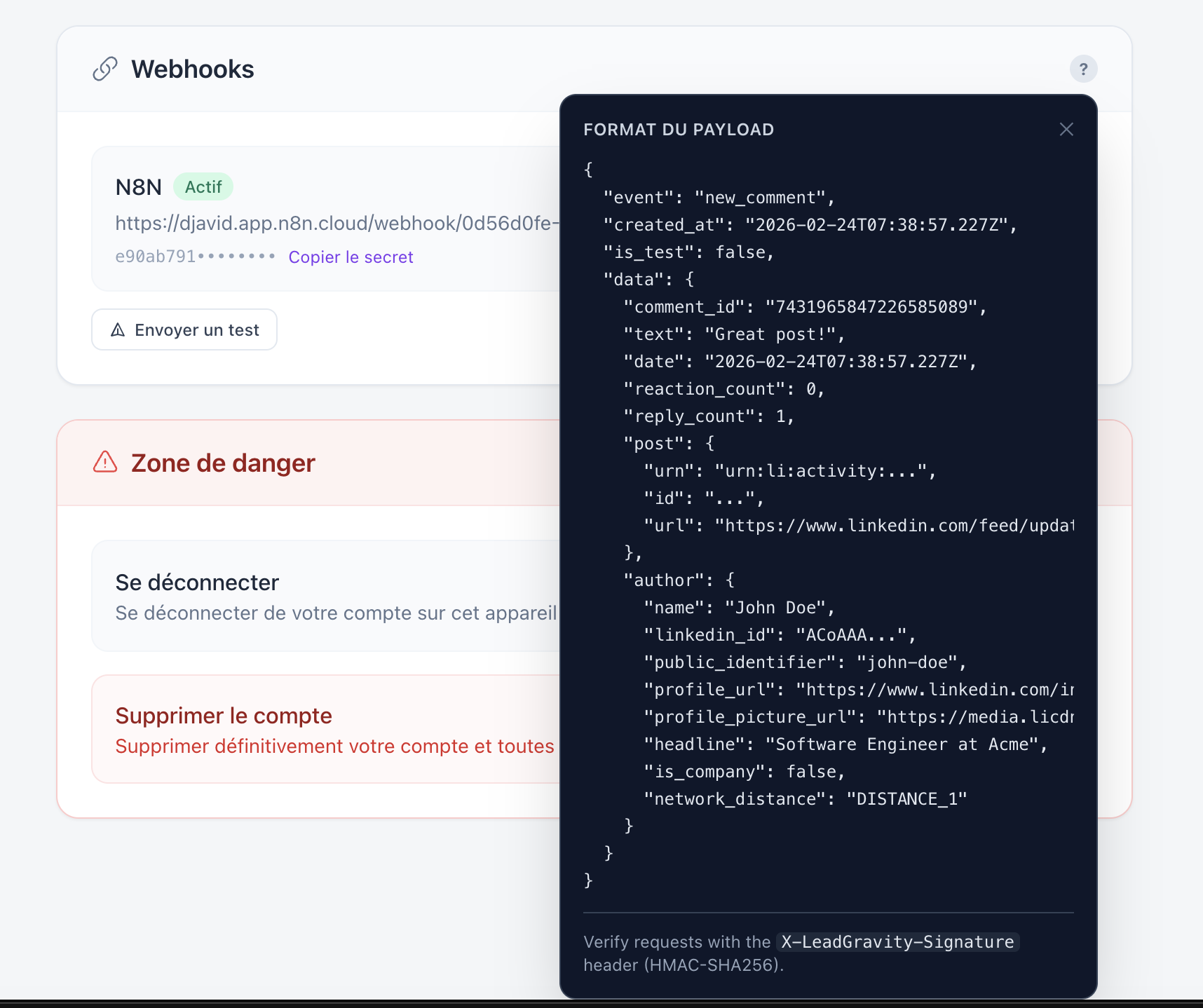 Settings page — webhook configuration